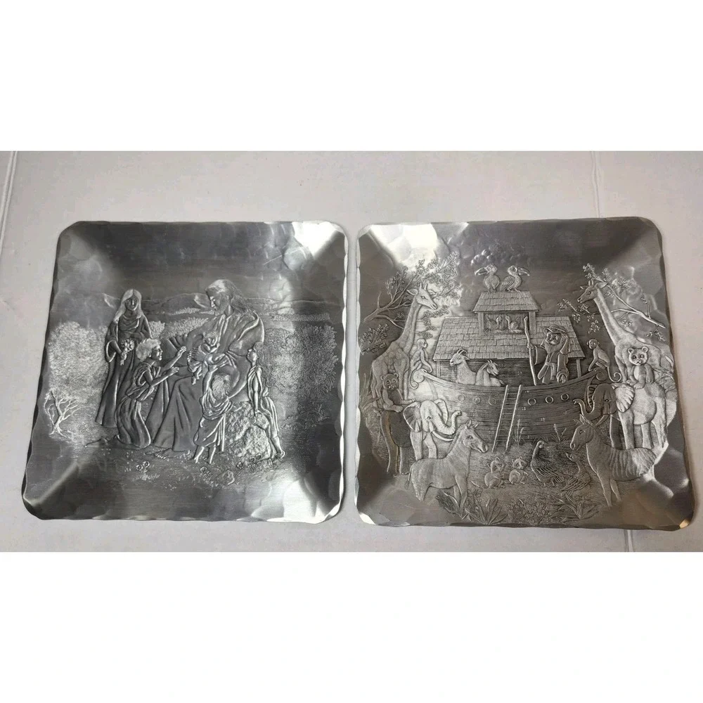 Set Of 2 Wendell August Forged Trays Jesus Loves The Children & Noah's Ark 9